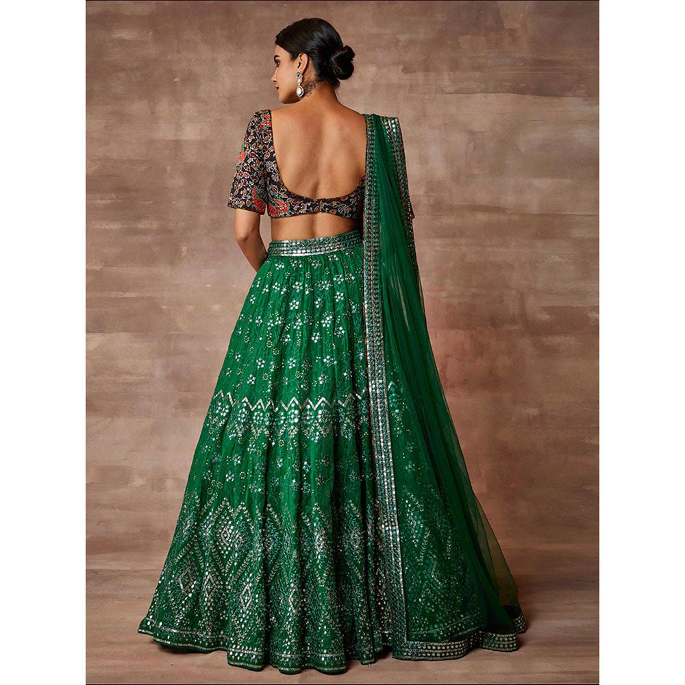 Odette Green Organza Embroidered Semi Stitched Lehenga with Unstitched Blouse (Set of 3)