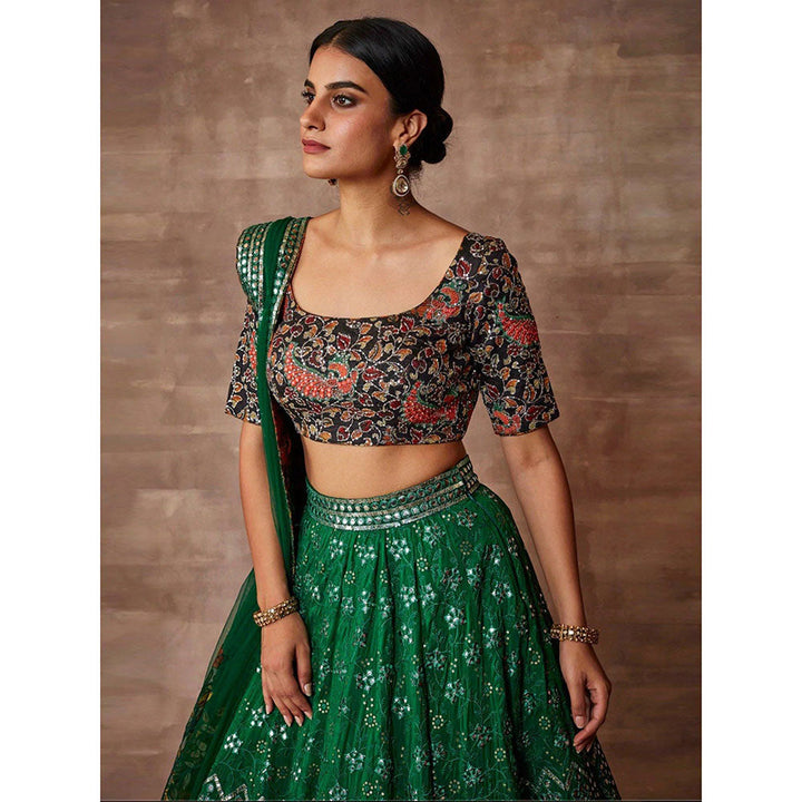 Odette Green Organza Embroidered Semi Stitched Lehenga with Unstitched Blouse (Set of 3)