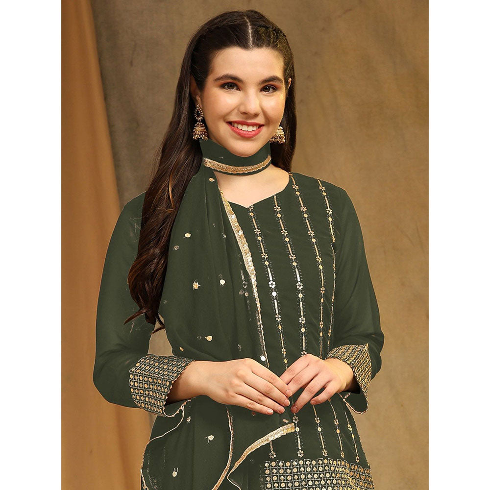 Odette Mehandi Green Faux Georgette Embroidered Semi Stitched Kurta with Bottom & Dupatta (Set of 3)