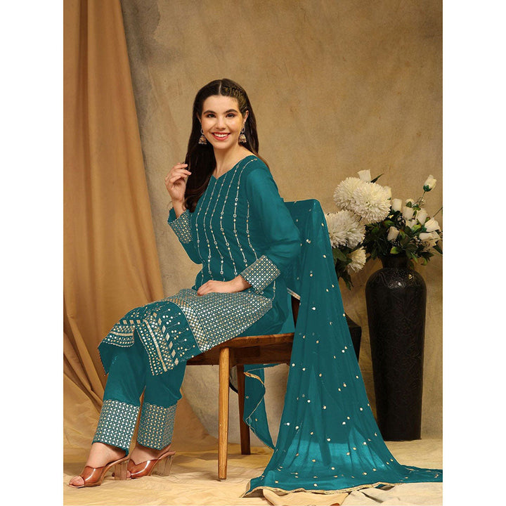 Odette Teal Georgette Embroidered Semi Stitched Kurta with Bottom & Dupatta For Women (Set of 3)