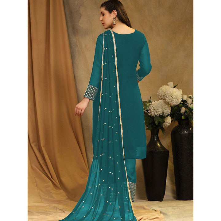 Odette Teal Georgette Embroidered Semi Stitched Kurta with Bottom & Dupatta For Women (Set of 3)