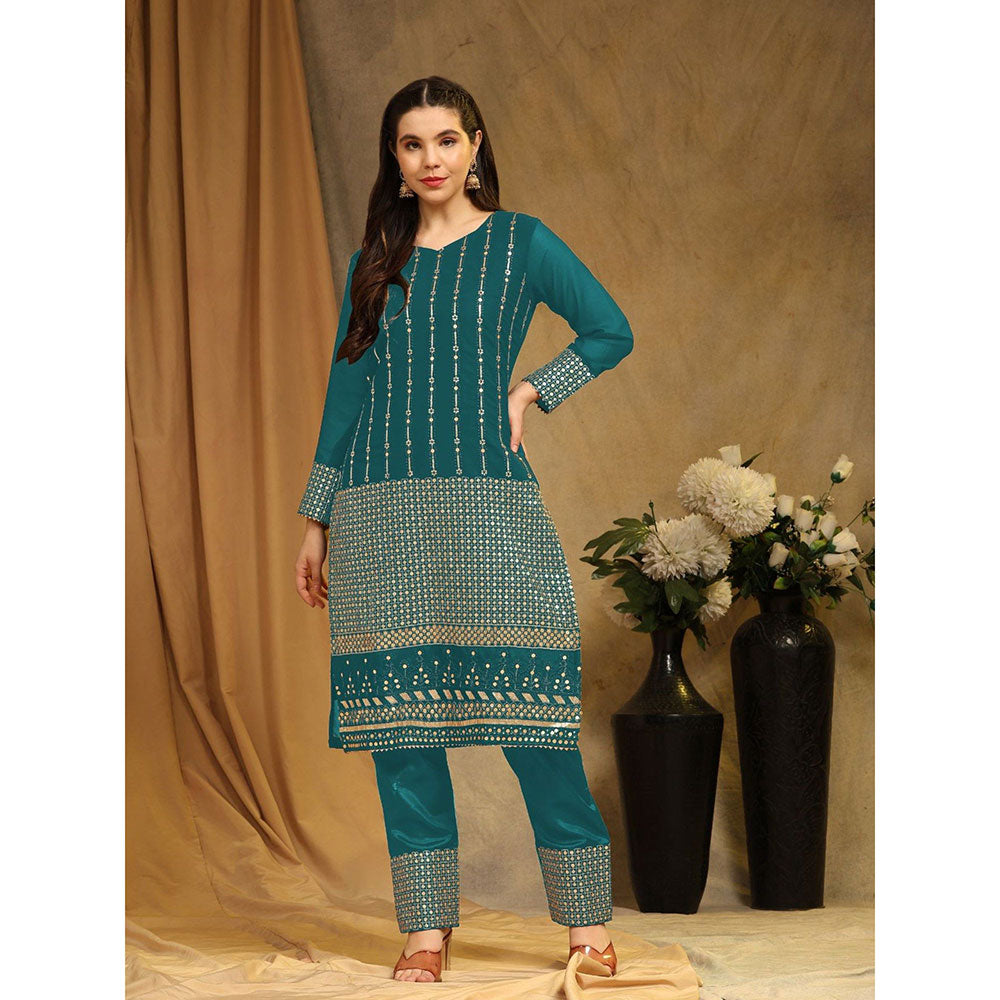 Odette Teal Georgette Embroidered Semi Stitched Kurta with Bottom & Dupatta For Women (Set of 3)