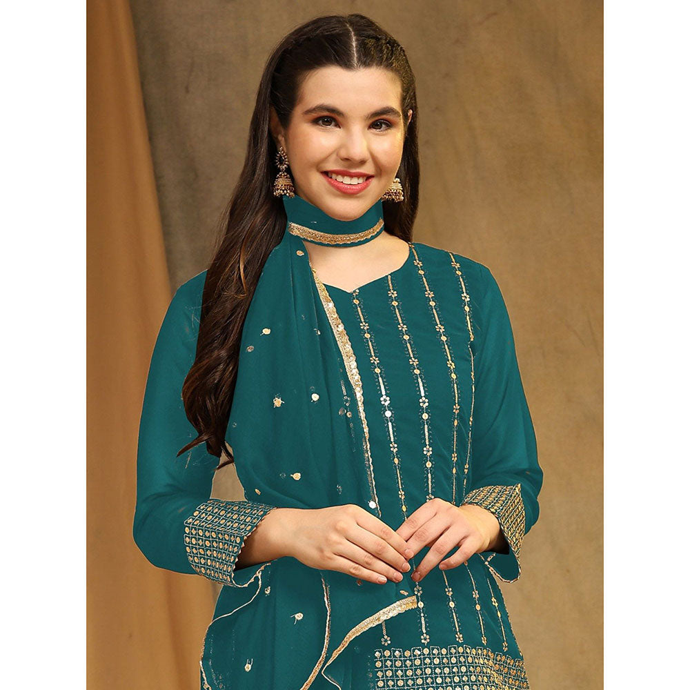 Odette Teal Georgette Embroidered Semi Stitched Kurta with Bottom & Dupatta For Women (Set of 3)