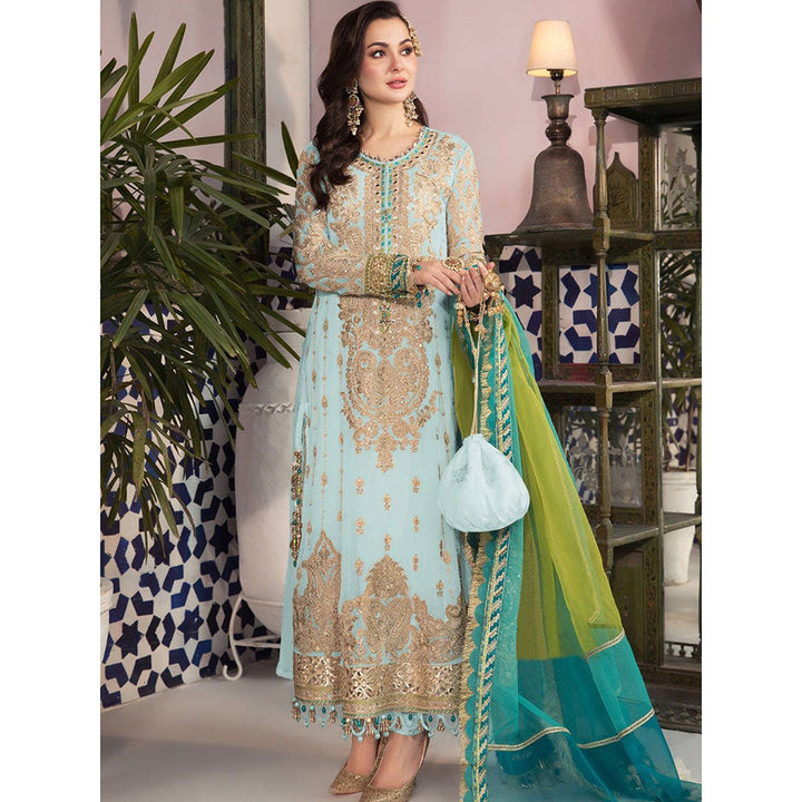 Odette Sky Blue Faux Georgette Embroidered Semi Stitched Kurta with Bottom & Dupatta (Set of 3)