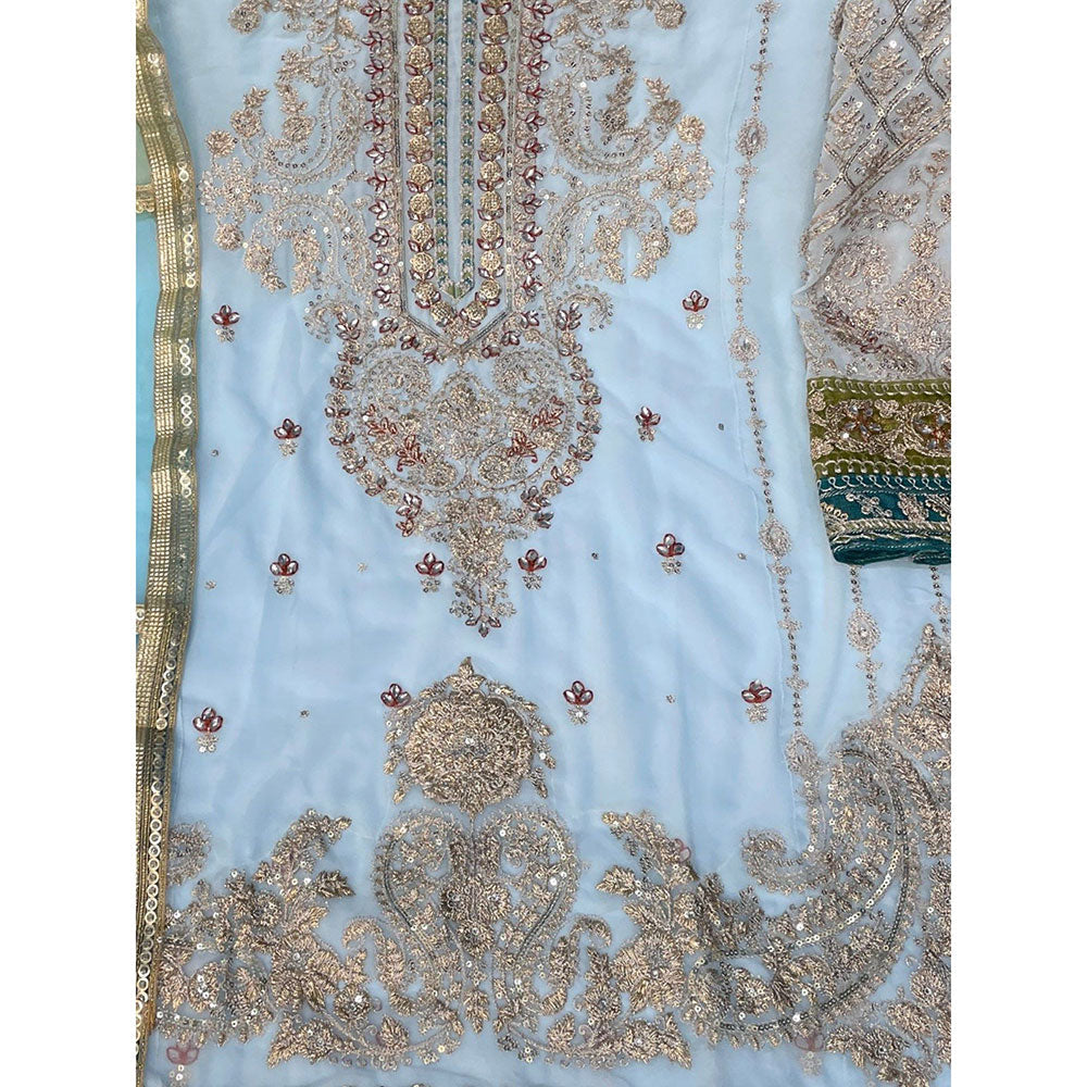 Odette Sky Blue Faux Georgette Embroidered Semi Stitched Kurta with Bottom & Dupatta (Set of 3)