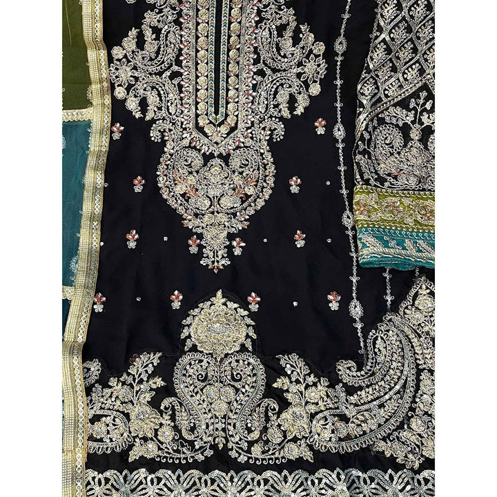 Odette Black Georgette Embroidered Semi Stitched Kurta with Bottom & Dupatta For Women (Set of 3)