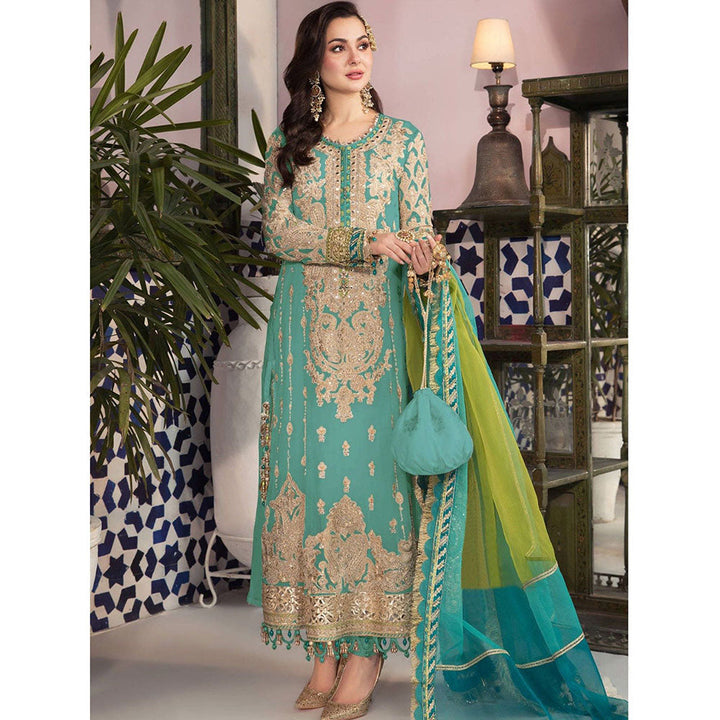 Odette Turquoise Faux Georgette Embroidered Semi Stitched Kurta with Bottom & Dupatta (Set of 3)