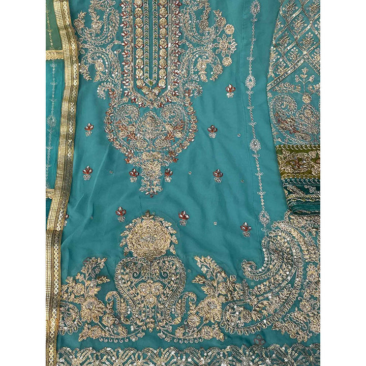 Odette Turquoise Faux Georgette Embroidered Semi Stitched Kurta with Bottom & Dupatta (Set of 3)