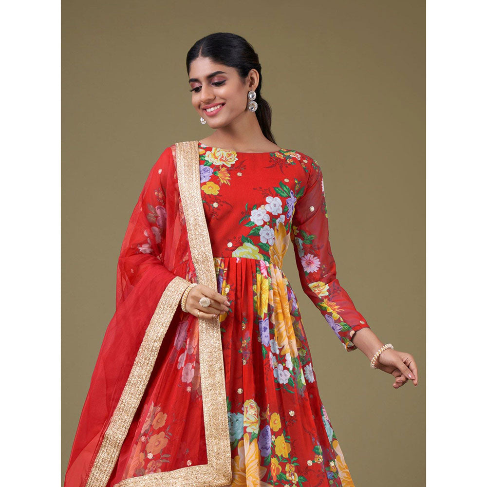 Odette Red Faux Georgette Printed Semi Stitched Kurta with Bottom & Dupatta with Dupatta (Set of 3)