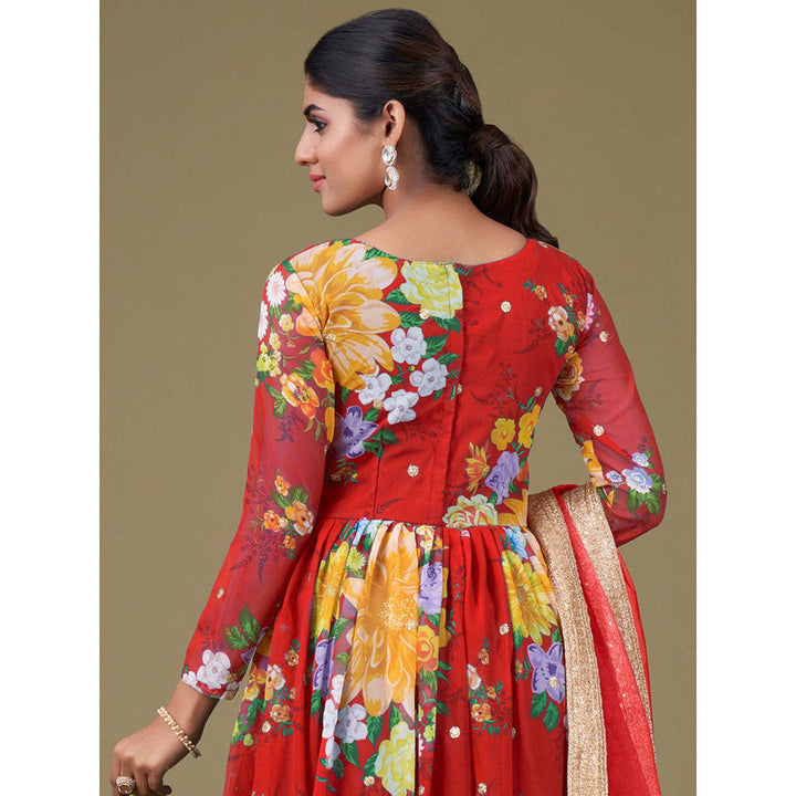 Odette Red Faux Georgette Printed Semi Stitched Kurta with Bottom & Dupatta with Dupatta (Set of 3)