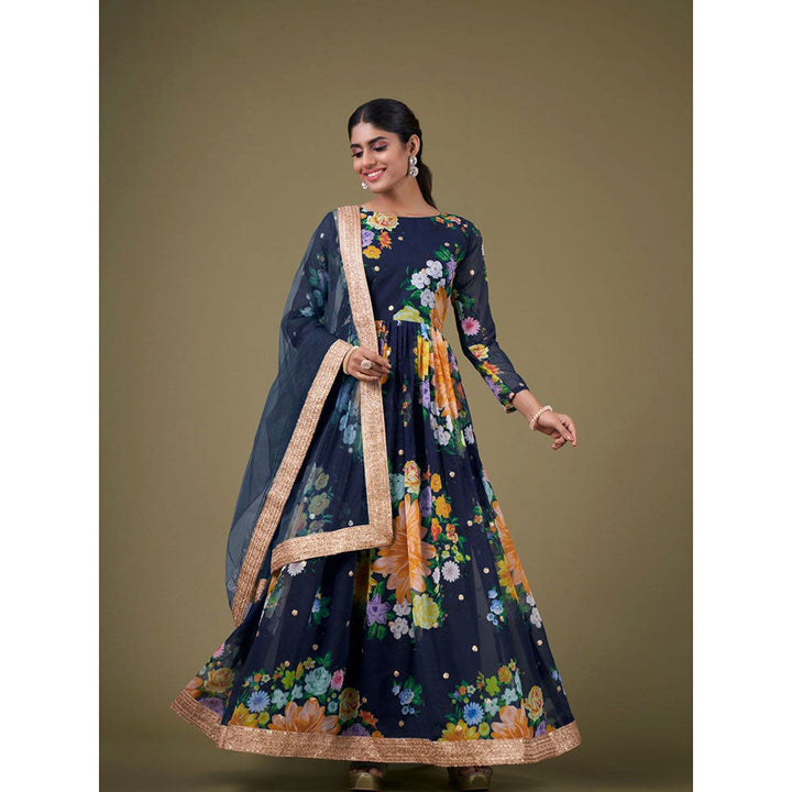 Odette Navy Blue Georgette Printed Semi Stitched Kurta with Bottom & Dupatta with Dupatta (Set of 3)