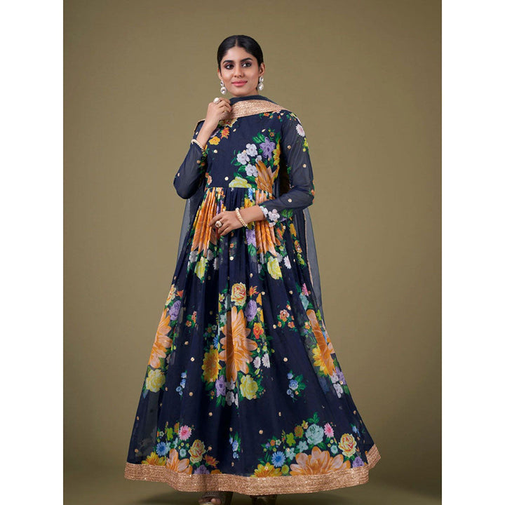 Odette Navy Blue Georgette Printed Semi Stitched Kurta with Bottom & Dupatta with Dupatta (Set of 3)