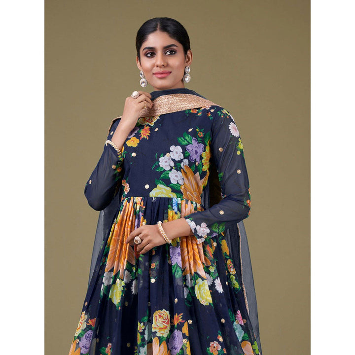 Odette Navy Blue Georgette Printed Semi Stitched Kurta with Bottom & Dupatta with Dupatta (Set of 3)