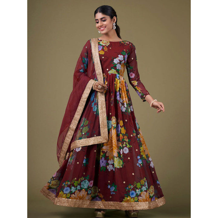 Odette Maroon Georgette Printed Semi Stitched Kurta with Bottom & Dupatta with Dupatta (Set of 3)