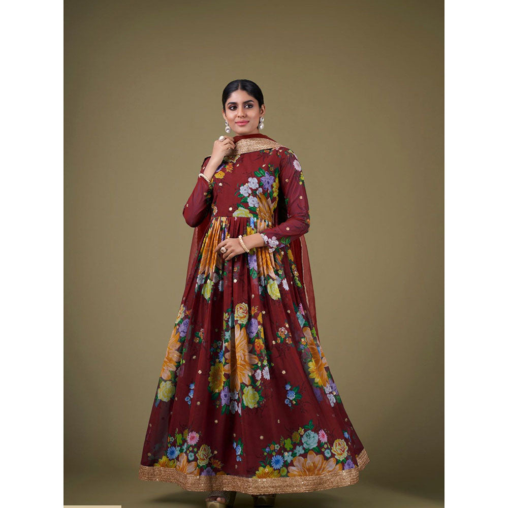 Odette Maroon Georgette Printed Semi Stitched Kurta with Bottom & Dupatta with Dupatta (Set of 3)