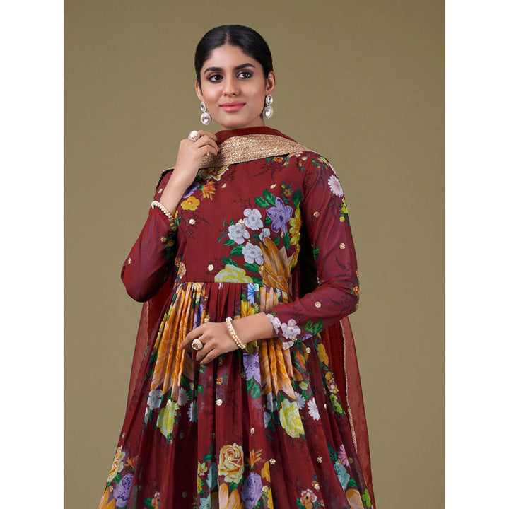 Odette Maroon Georgette Printed Semi Stitched Kurta with Bottom & Dupatta with Dupatta (Set of 3)