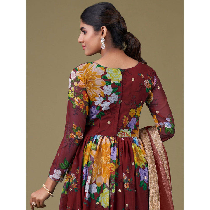 Odette Maroon Georgette Printed Semi Stitched Kurta with Bottom & Dupatta with Dupatta (Set of 3)