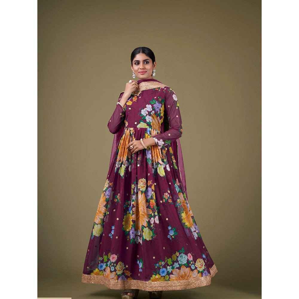 Odette Purple Georgette Printed Semi Stitched Kurta with Bottom & Dupatta with Dupatta (Set of 3)