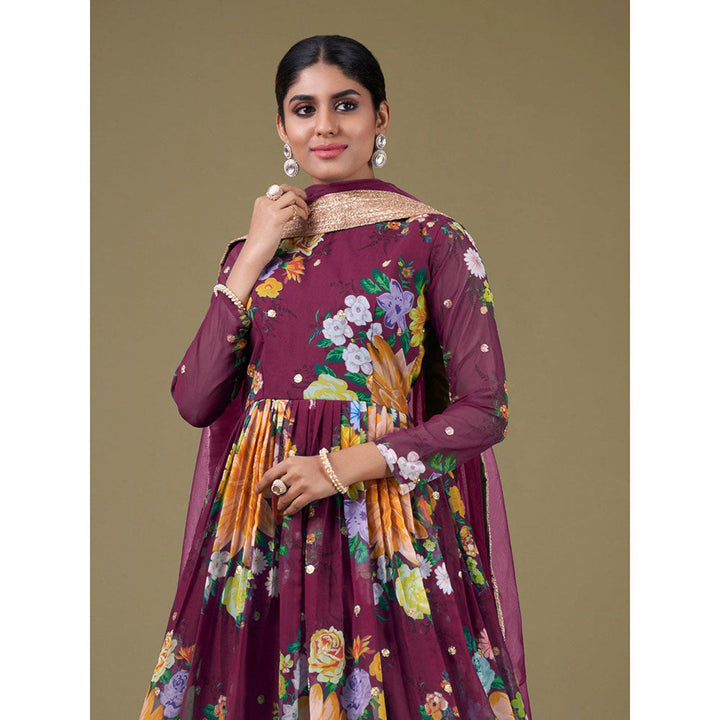 Odette Purple Georgette Printed Semi Stitched Kurta with Bottom & Dupatta with Dupatta (Set of 3)