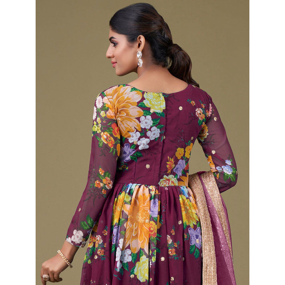 Odette Purple Georgette Printed Semi Stitched Kurta with Bottom & Dupatta with Dupatta (Set of 3)