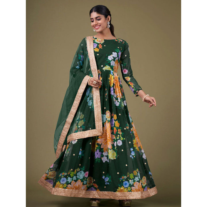 Odette Green Georgette Printed Semi Stitched Kurta with Bottom & Dupatta with Dupatta (Set of 3)