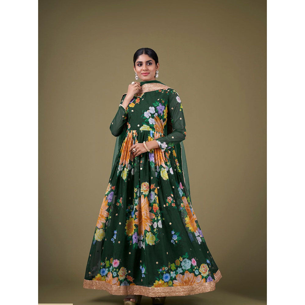 Odette Green Georgette Printed Semi Stitched Kurta with Bottom & Dupatta with Dupatta (Set of 3)