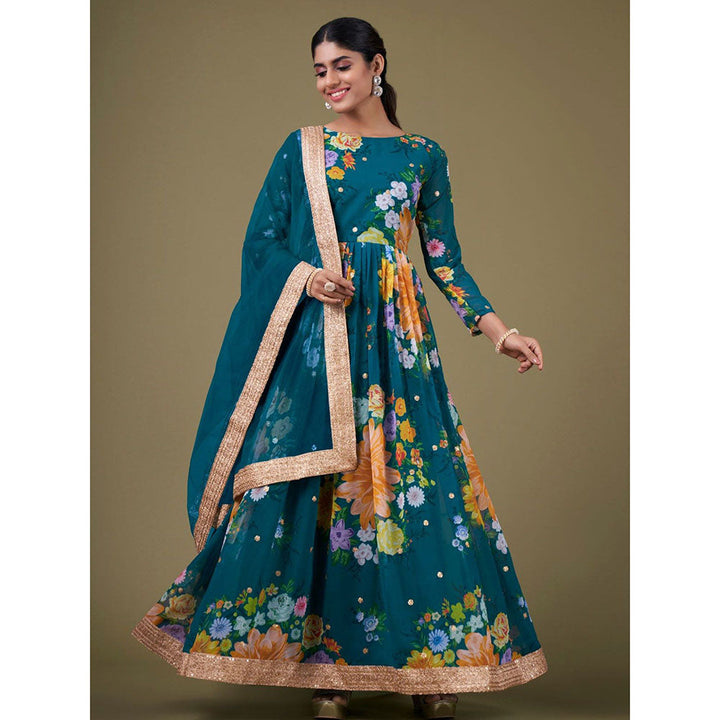 Odette Teal Faux Georgette Printed Semi Stitched Kurta with Bottom & Dupatta with Dupatta (Set of 3)