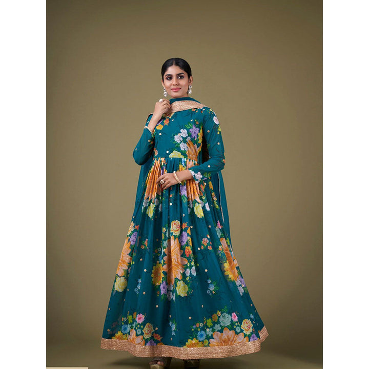 Odette Teal Faux Georgette Printed Semi Stitched Kurta with Bottom & Dupatta with Dupatta (Set of 3)