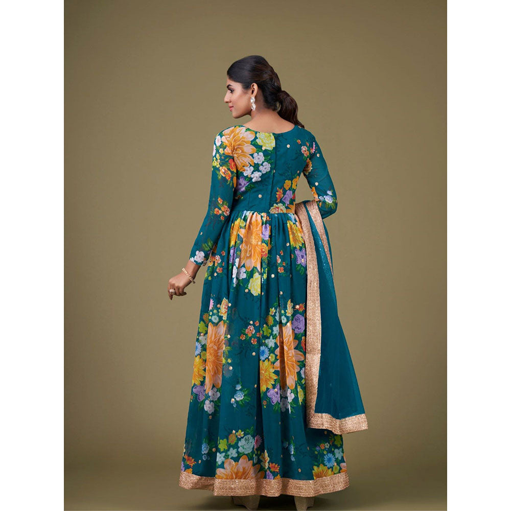 Odette Teal Faux Georgette Printed Semi Stitched Kurta with Bottom & Dupatta with Dupatta (Set of 3)