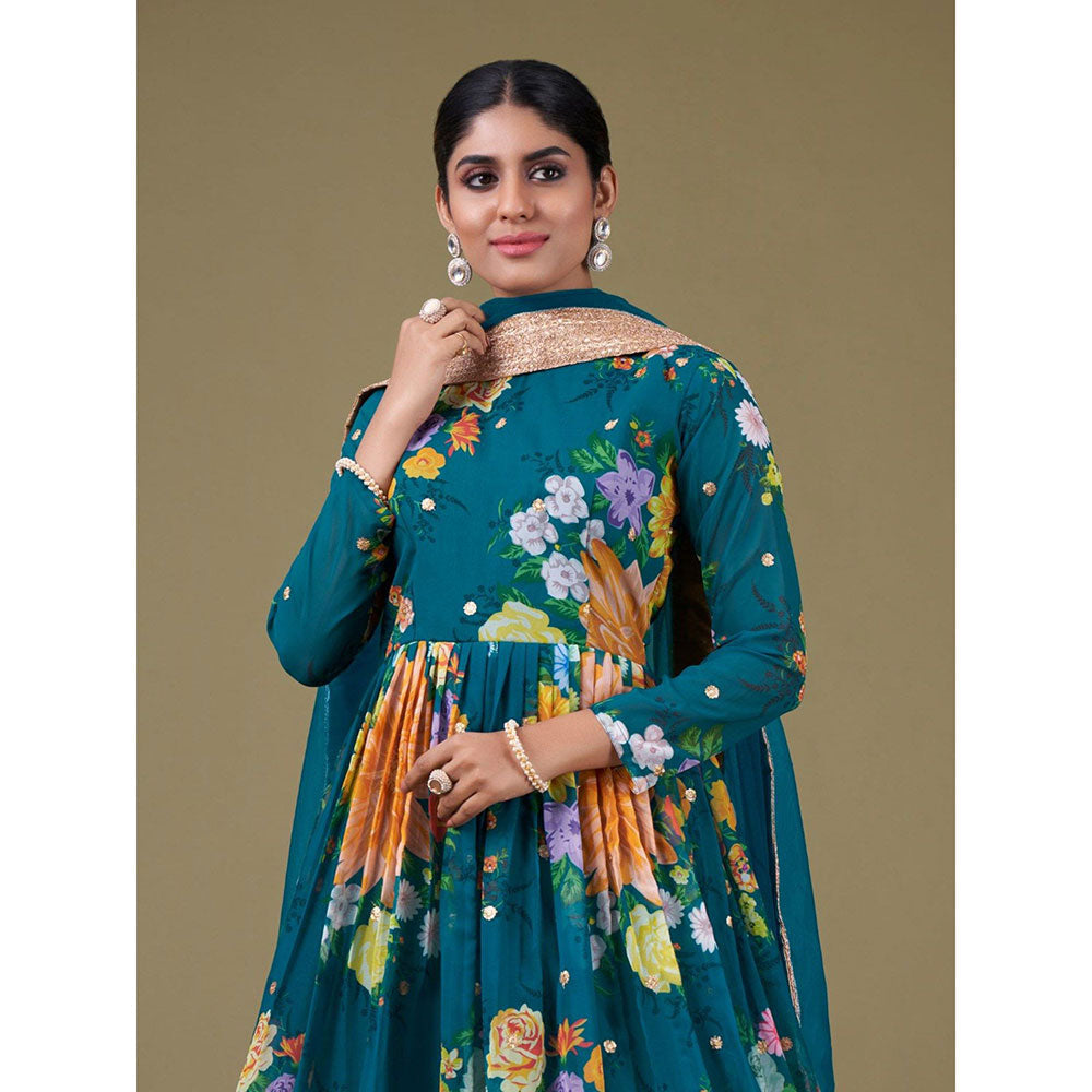 Odette Teal Faux Georgette Printed Semi Stitched Kurta with Bottom & Dupatta with Dupatta (Set of 3)