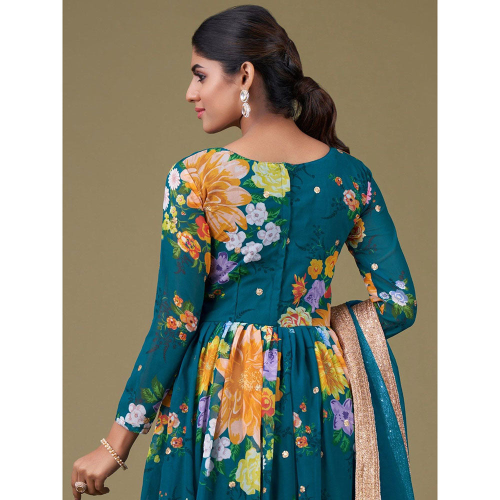 Odette Teal Faux Georgette Printed Semi Stitched Kurta with Bottom & Dupatta with Dupatta (Set of 3)