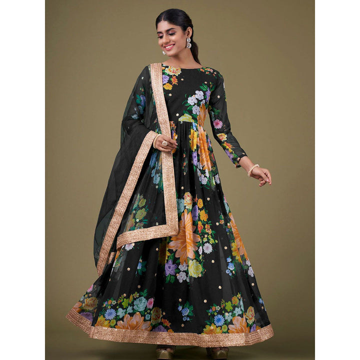 Odette Black Georgette Printed Semi Stitched Kurta with Bottom & Dupatta with Dupatta (Set of 3)