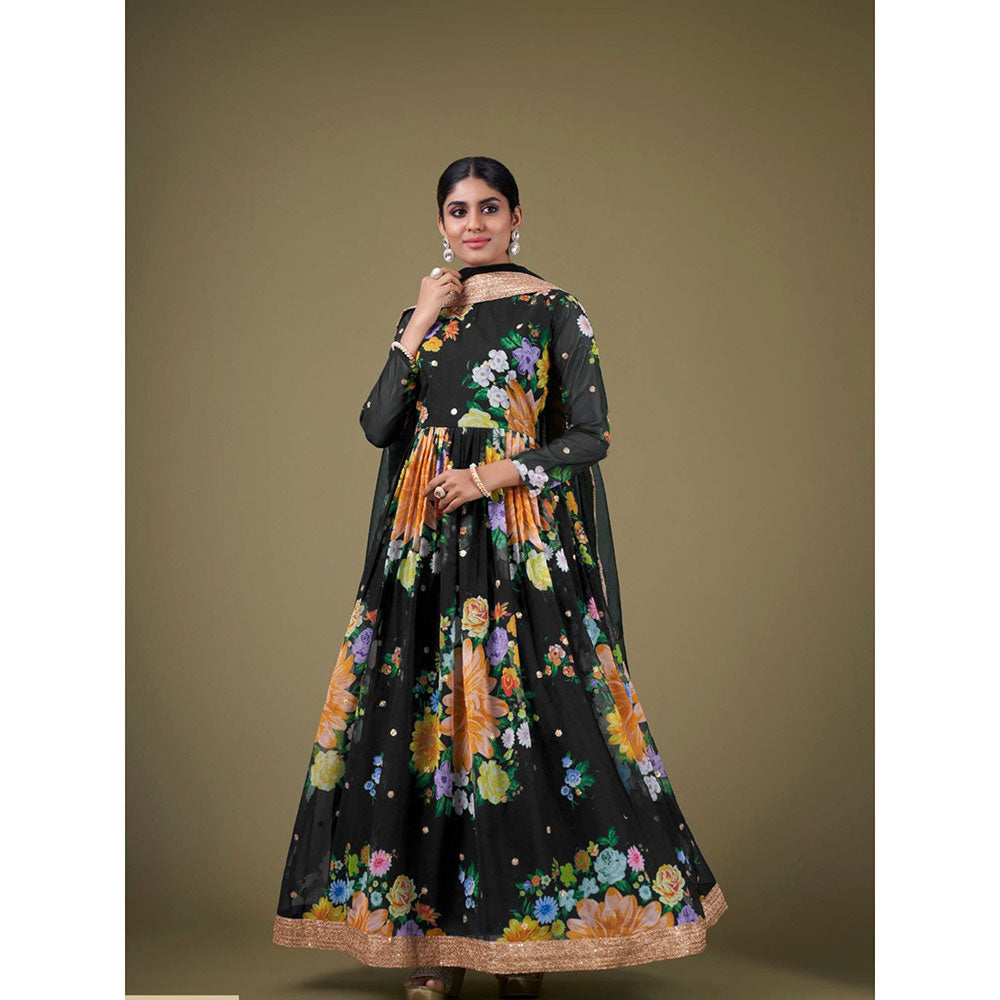 Odette Black Georgette Printed Semi Stitched Kurta with Bottom & Dupatta with Dupatta (Set of 3)