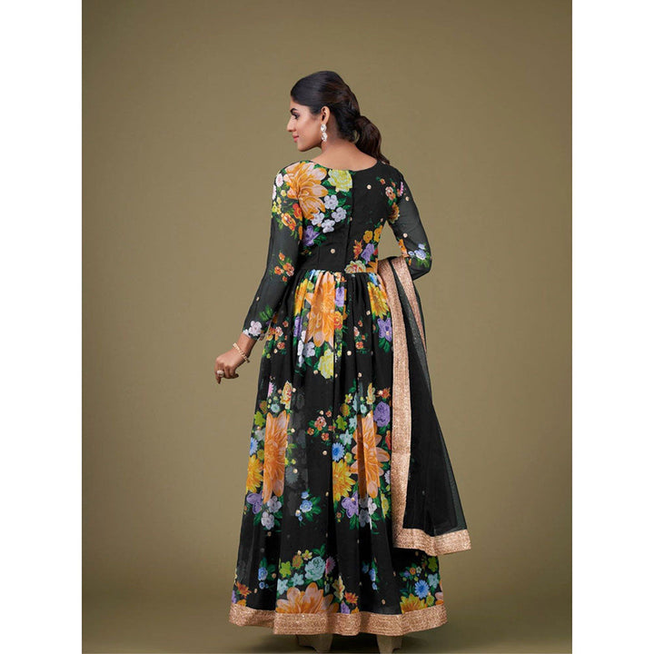 Odette Black Georgette Printed Semi Stitched Kurta with Bottom & Dupatta with Dupatta (Set of 3)