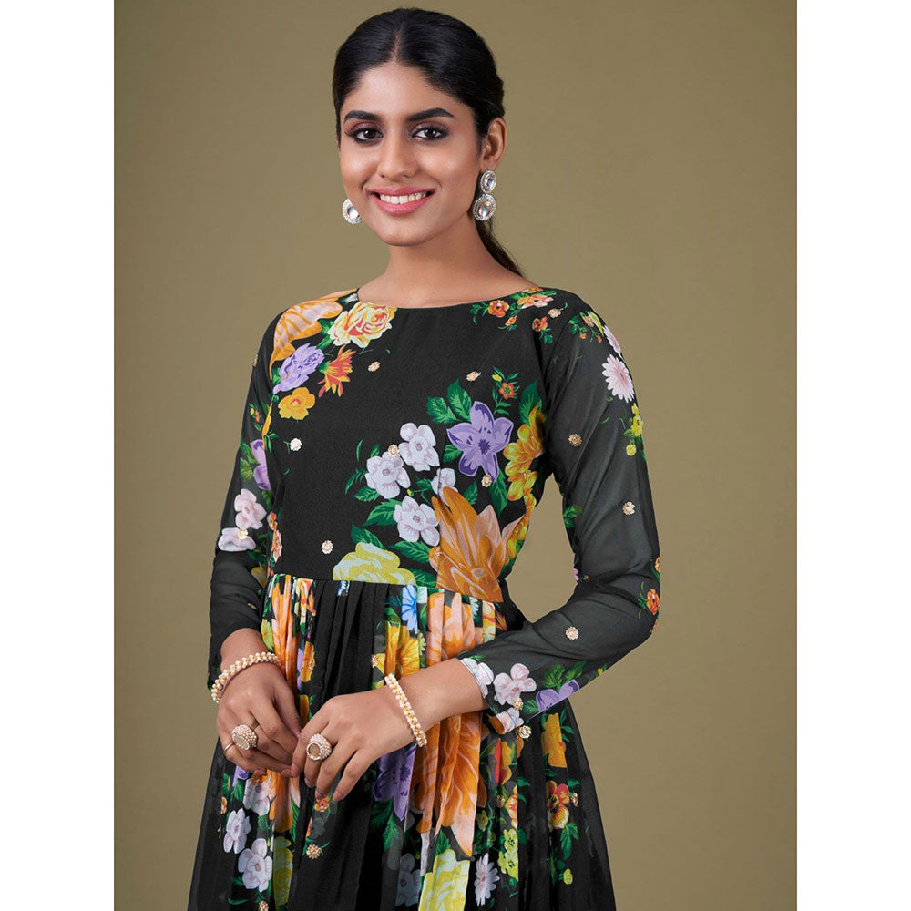 Odette Black Georgette Printed Semi Stitched Kurta with Bottom & Dupatta with Dupatta (Set of 3)