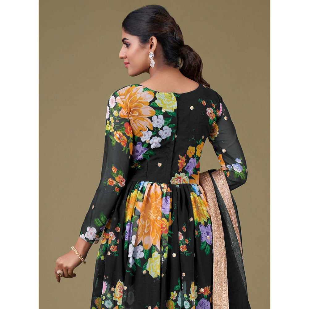 Odette Black Georgette Printed Semi Stitched Kurta with Bottom & Dupatta with Dupatta (Set of 3)