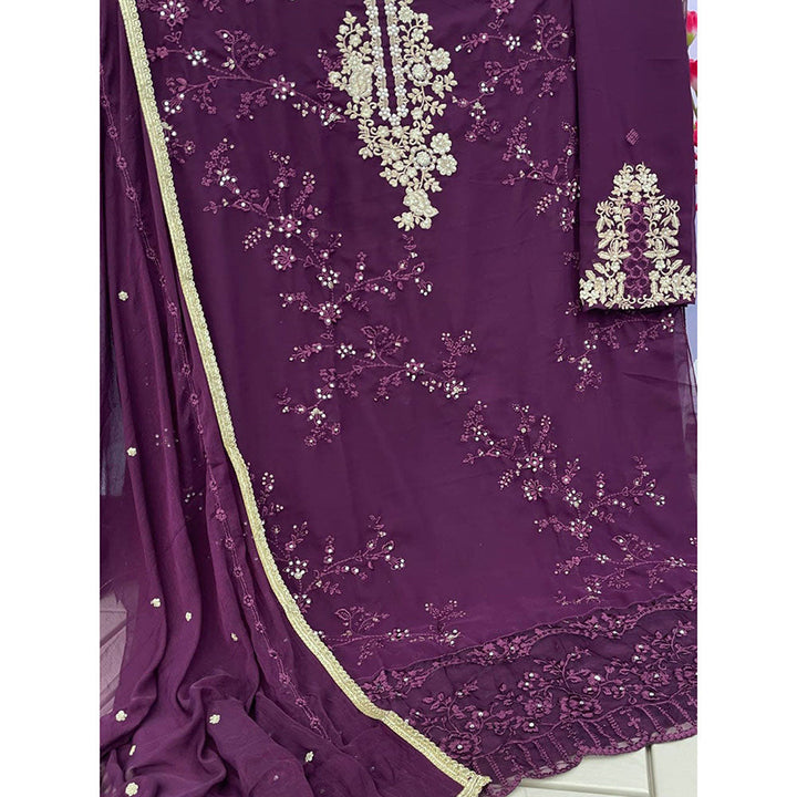 Odette Purple Georgette Embroidered Semi Stitched Kurta with Bottom & Dupatta For Women (Set of 3)