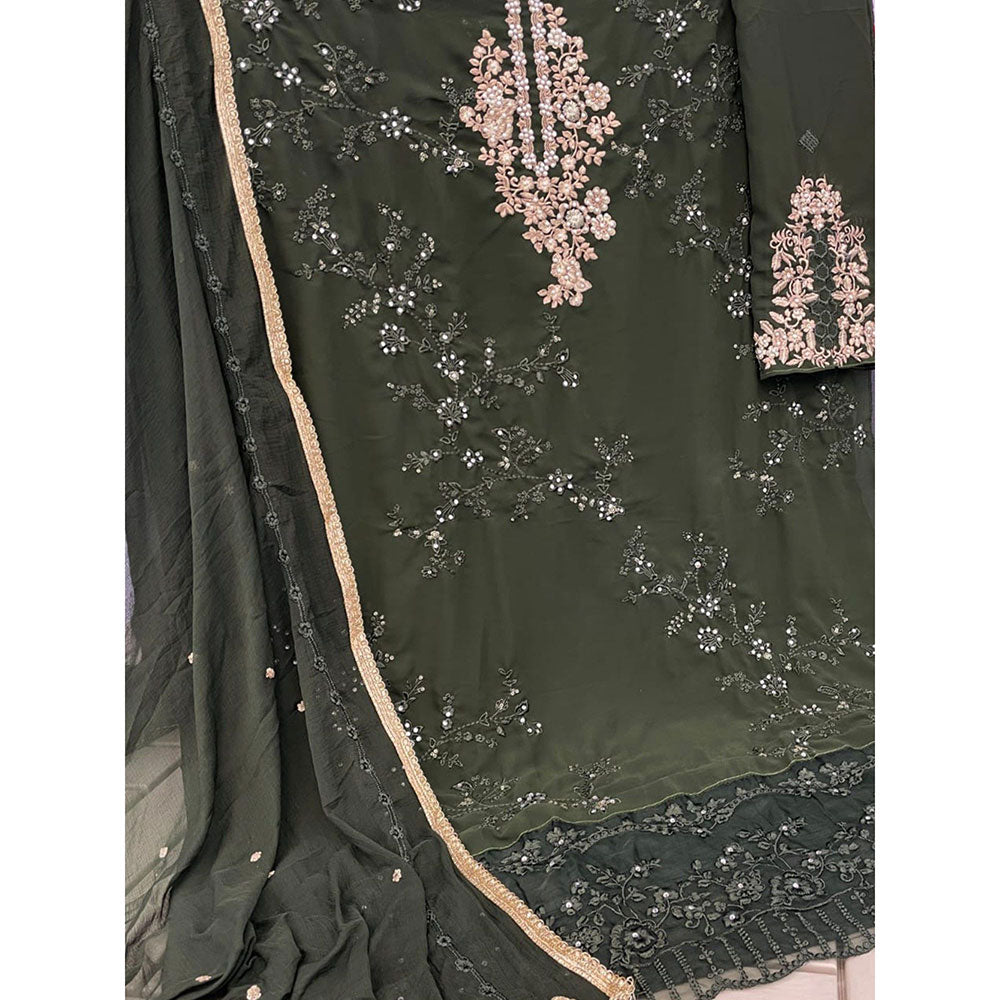 Odette Green Georgette Embroidered Semi Stitched Kurta with Bottom & Dupatta For Women (Set of 3)