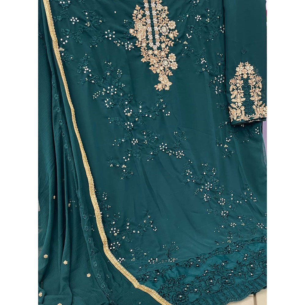 Odette Teal Georgette Embroidered Semi Stitched Kurta with Bottom & Dupatta For Women (Set of 3)