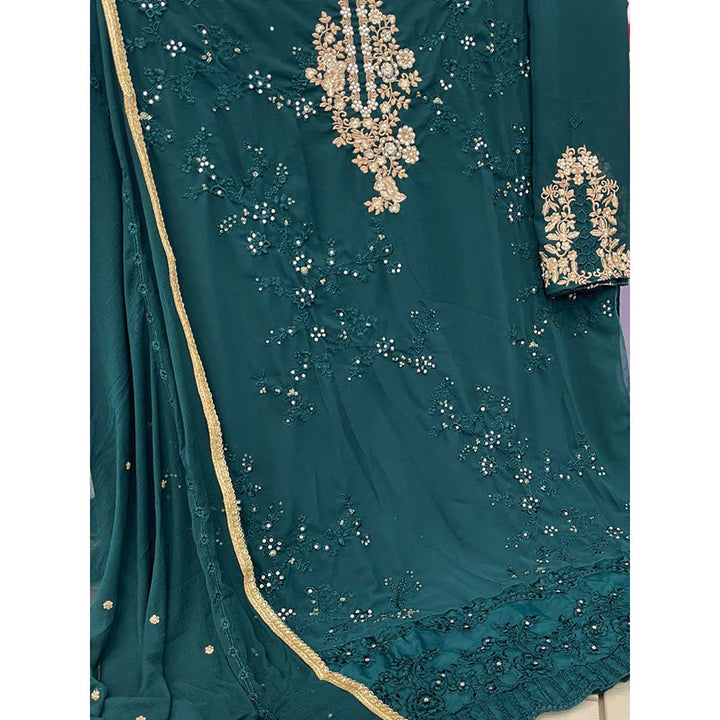 Odette Teal Georgette Embroidered Semi Stitched Kurta with Bottom & Dupatta For Women (Set of 3)