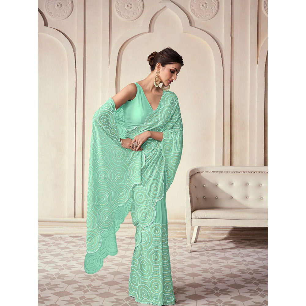 Odette Light Green Georgette Embroidered Saree with Unstitched Blouse For Women