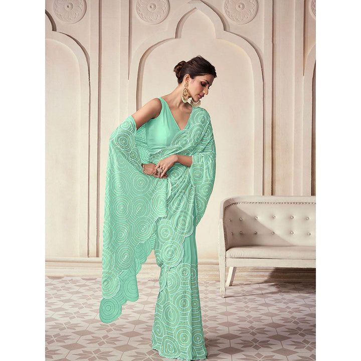 Odette Light Green Georgette Embroidered Saree with Unstitched Blouse For Women