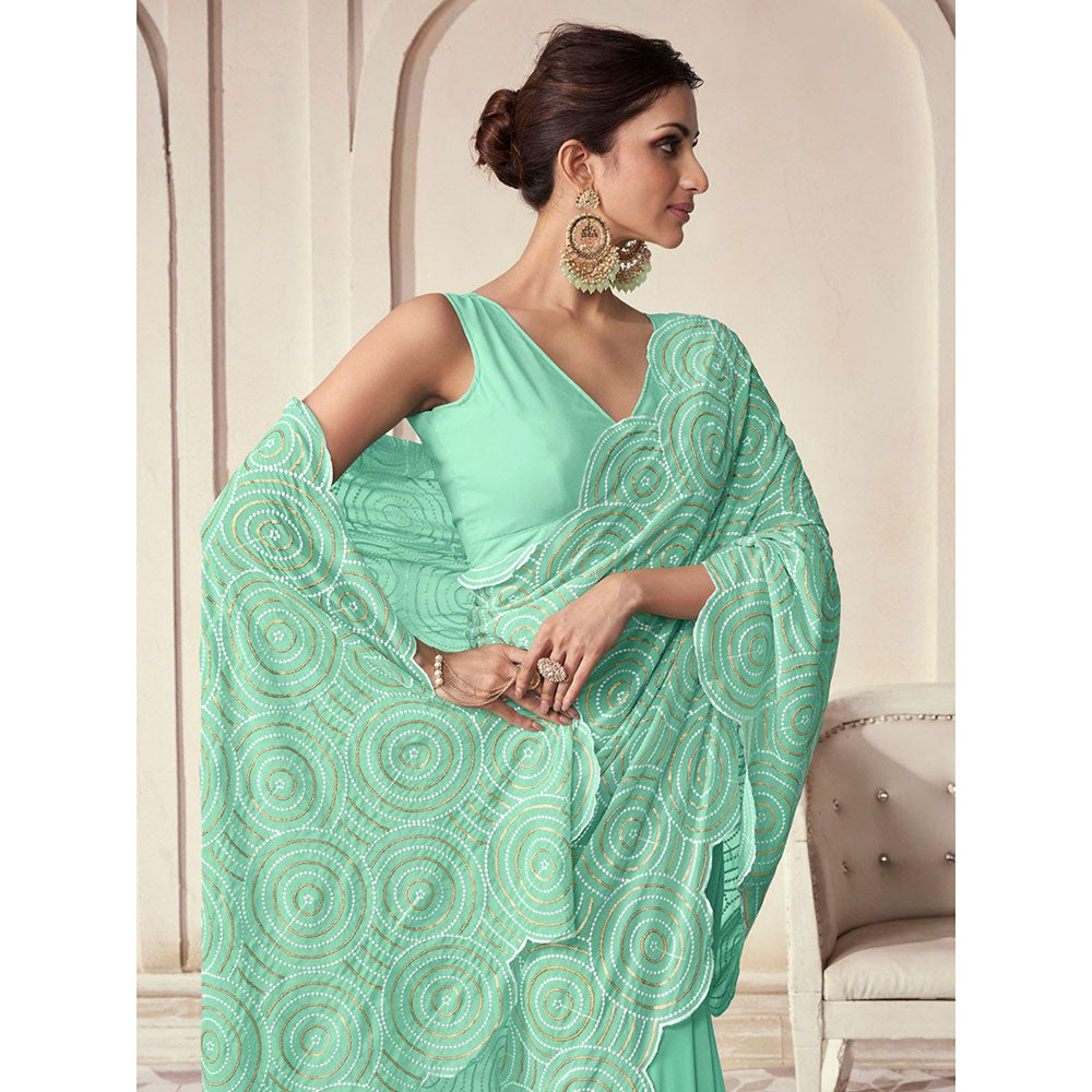 Odette Light Green Georgette Embroidered Saree with Unstitched Blouse For Women