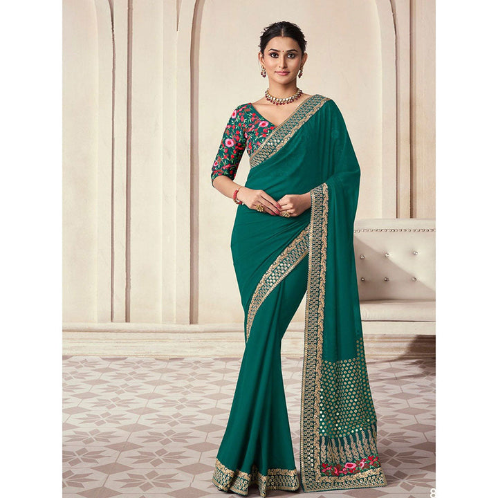 Odette Green Organza Embroidered Saree with Unstitched Blouse For Women