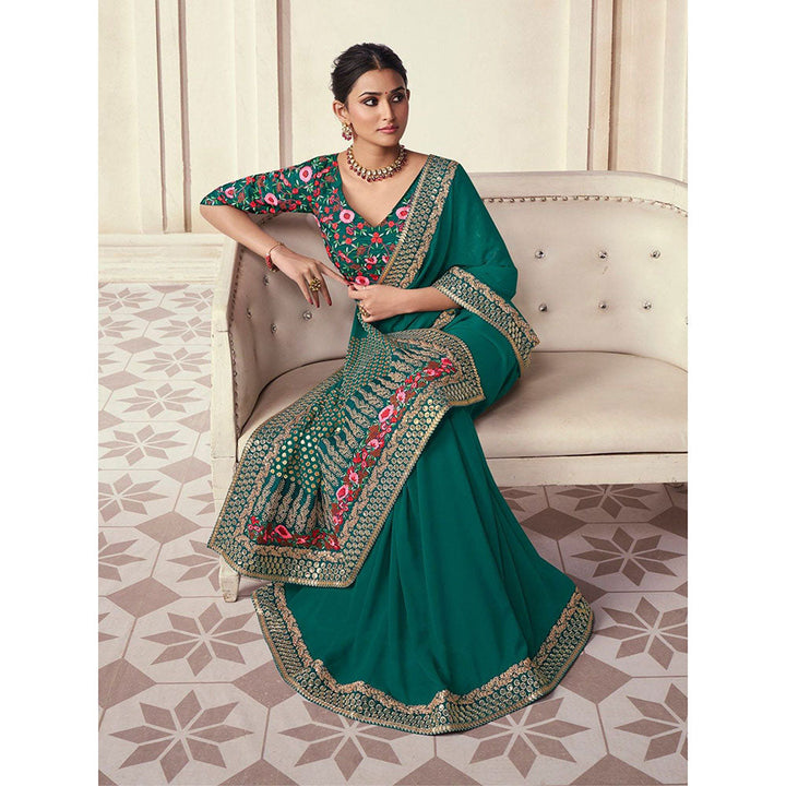 Odette Green Organza Embroidered Saree with Unstitched Blouse For Women