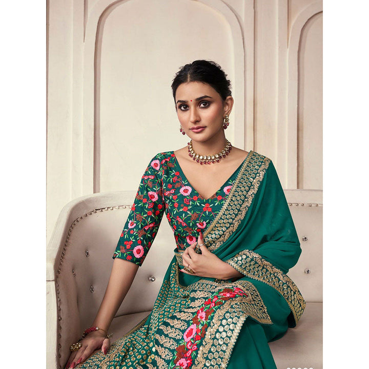 Odette Green Organza Embroidered Saree with Unstitched Blouse For Women