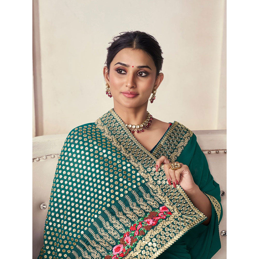 Odette Green Organza Embroidered Saree with Unstitched Blouse For Women