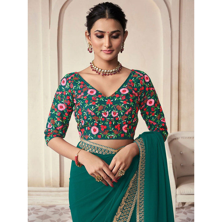 Odette Green Organza Embroidered Saree with Unstitched Blouse For Women