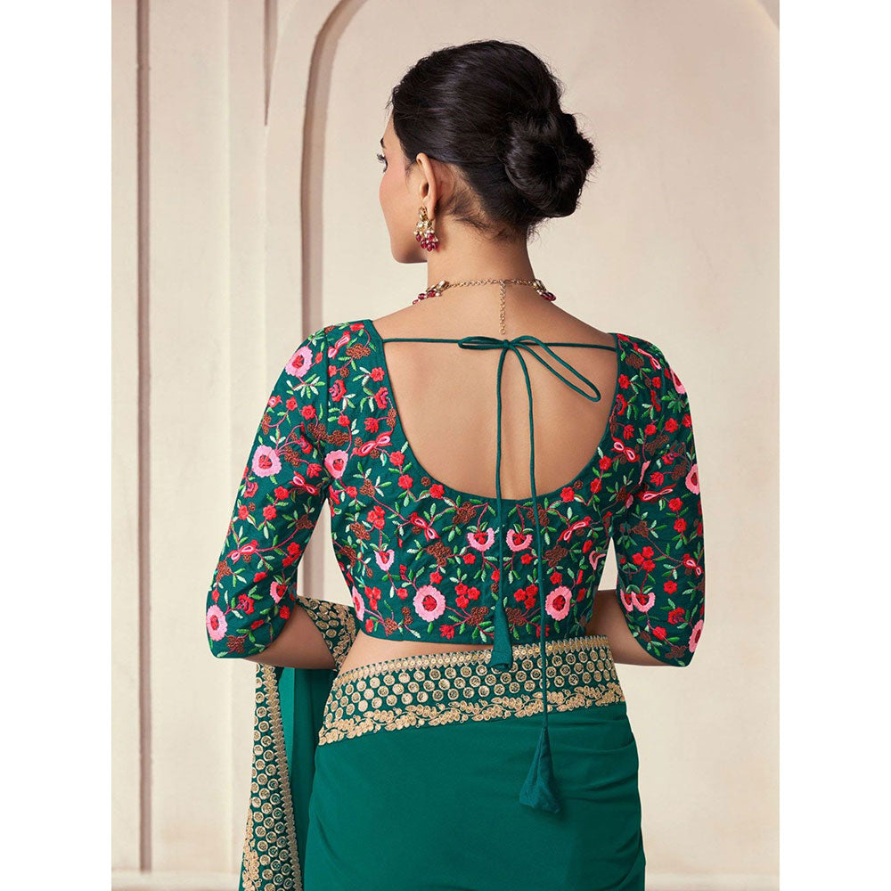 Odette Green Organza Embroidered Saree with Unstitched Blouse For Women