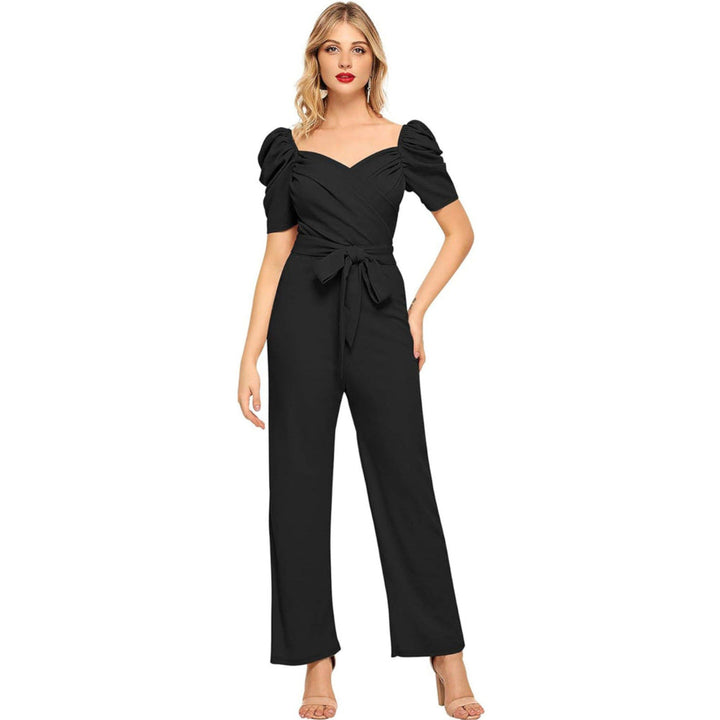 Odette Women Black Polyester Blend Jumpsuit with Belt (Set of 2)